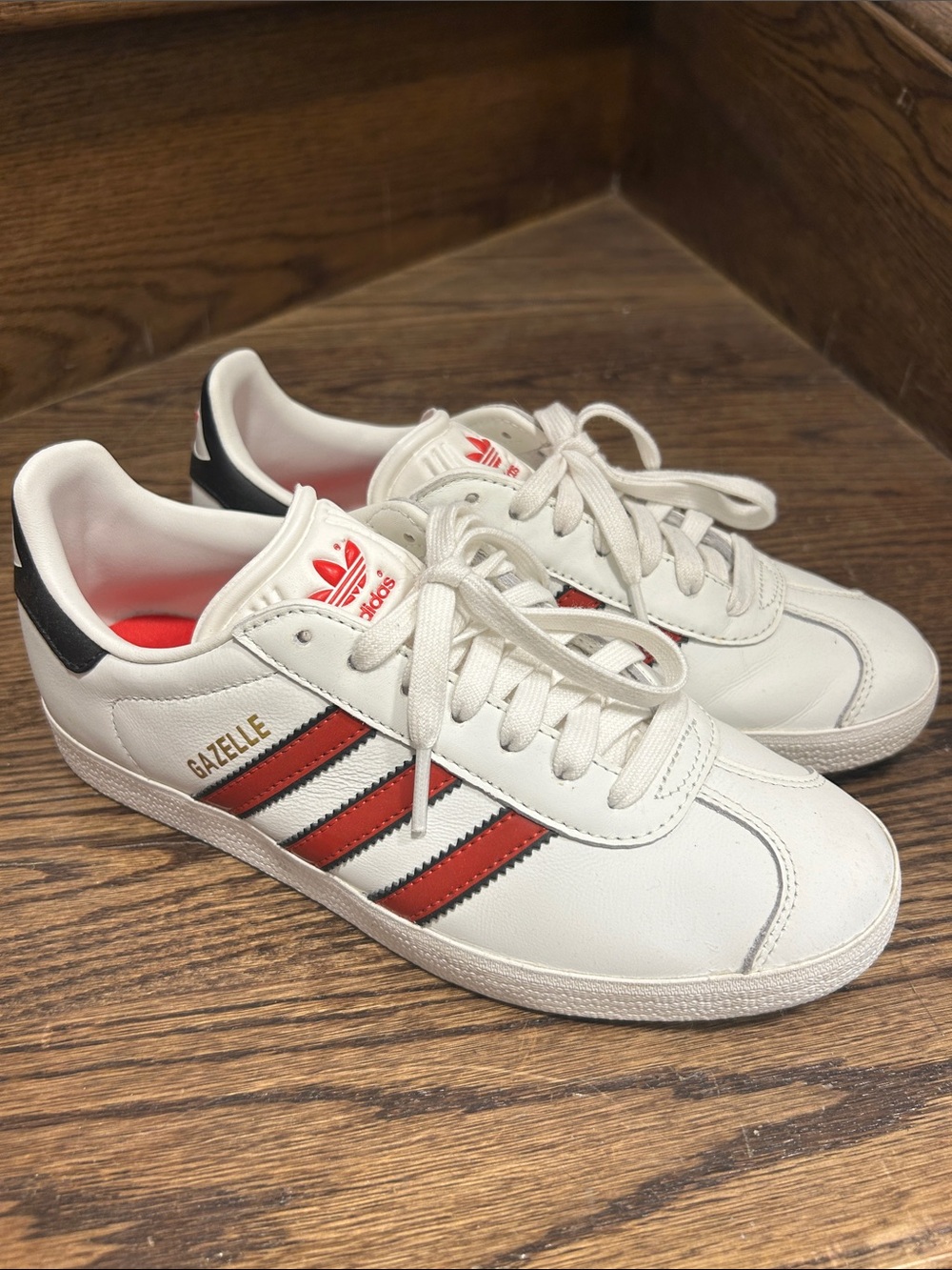 adidas White Leather Gazelle Sneakers with Red and Black Accents